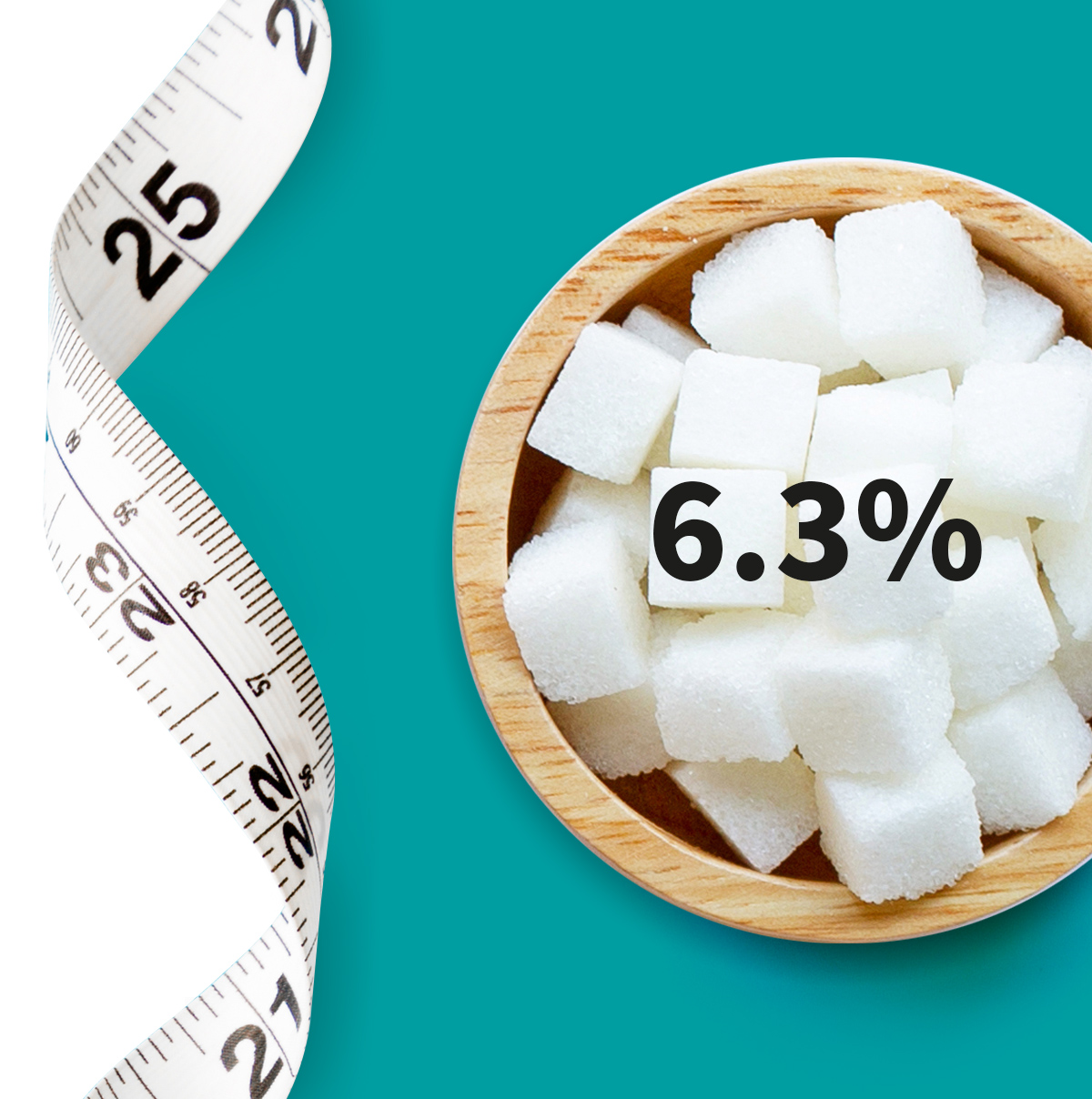 [.KE Kenya (english)] A measuring tape and a bowl full of sugar cubes shown as a metaphor for diabetes